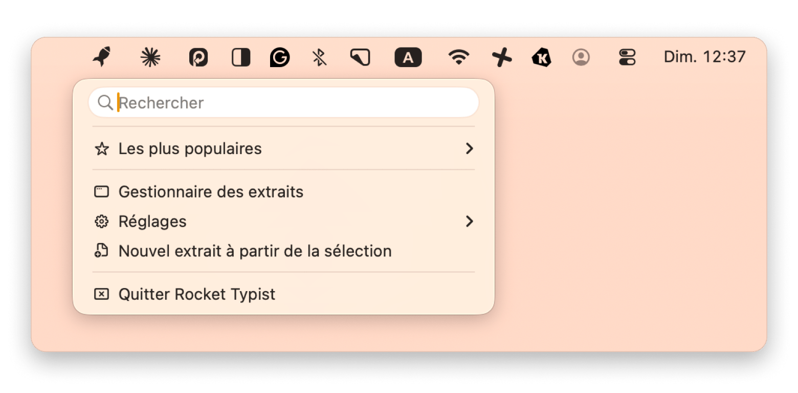 L'interface de Rocket Typist avec des extraits de texte réutilisables, une app de productivité disponible sur Setapp